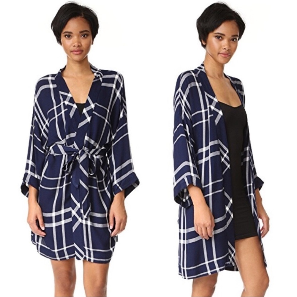 Rails Plaid Belted Navy Long Sleeve Robe XS/S Kimono Quiet Luxury Spring